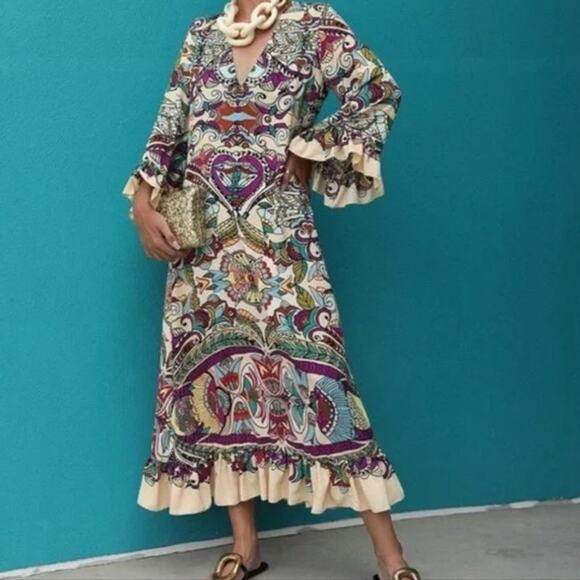 Zara Multicolor Printed Ruffle Hem Maxi Dress Size XS - Picture 2 of 12